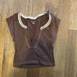 Brown Ribbed V-Neck Top